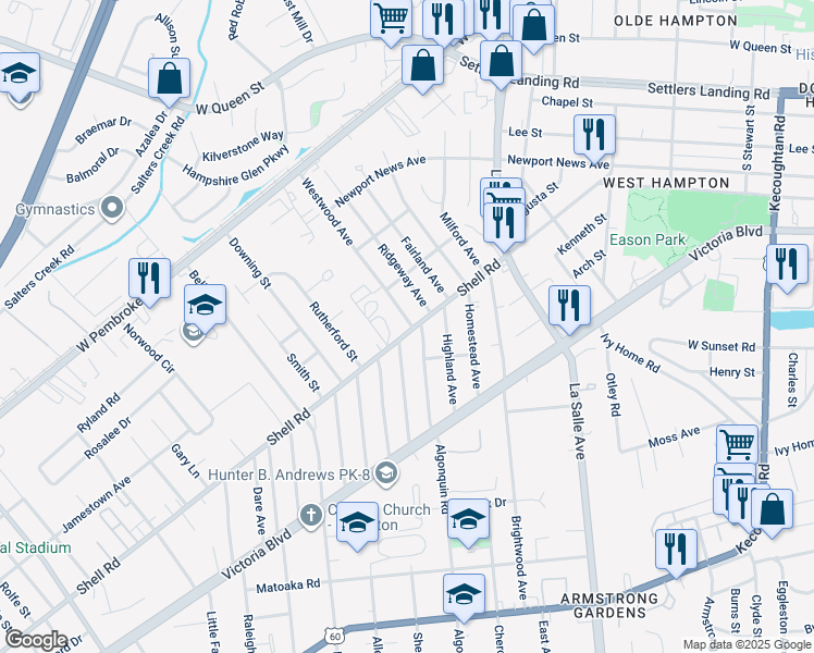map of restaurants, bars, coffee shops, grocery stores, and more near 3315 Shell Road in Hampton