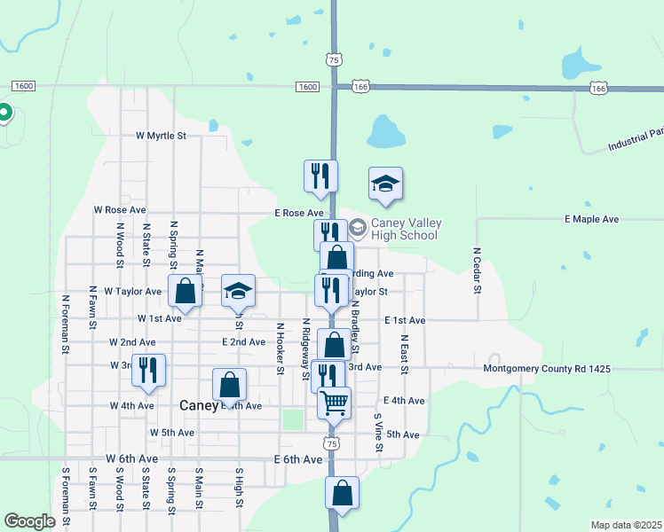 map of restaurants, bars, coffee shops, grocery stores, and more near 608 North McGee Street in Caney