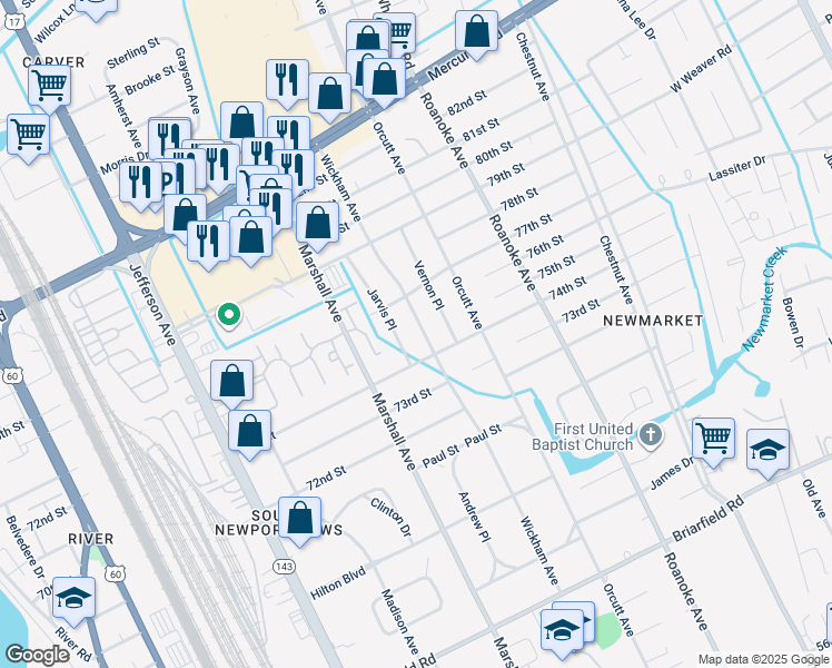 map of restaurants, bars, coffee shops, grocery stores, and more near 7407 Wickham Avenue in Newport News