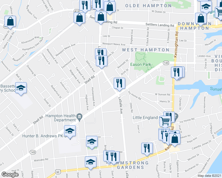 map of restaurants, bars, coffee shops, grocery stores, and more near 3644 Ervin Street in Hampton