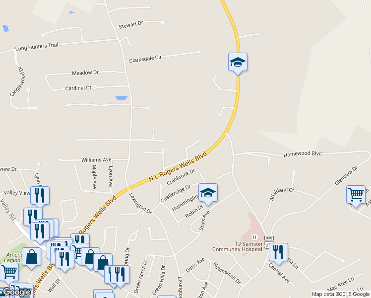 map of restaurants, bars, coffee shops, grocery stores, and more near Columns Plaza Drive in Glasgow
