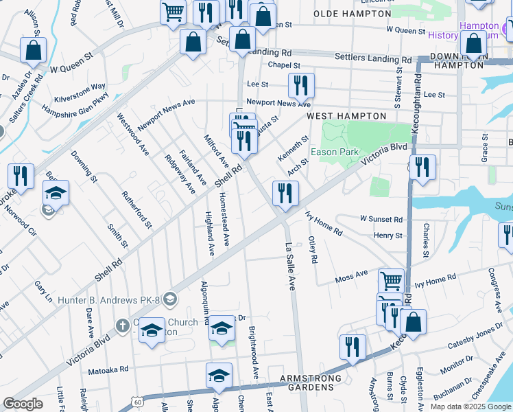map of restaurants, bars, coffee shops, grocery stores, and more near 3639 Ervin Street in Hampton