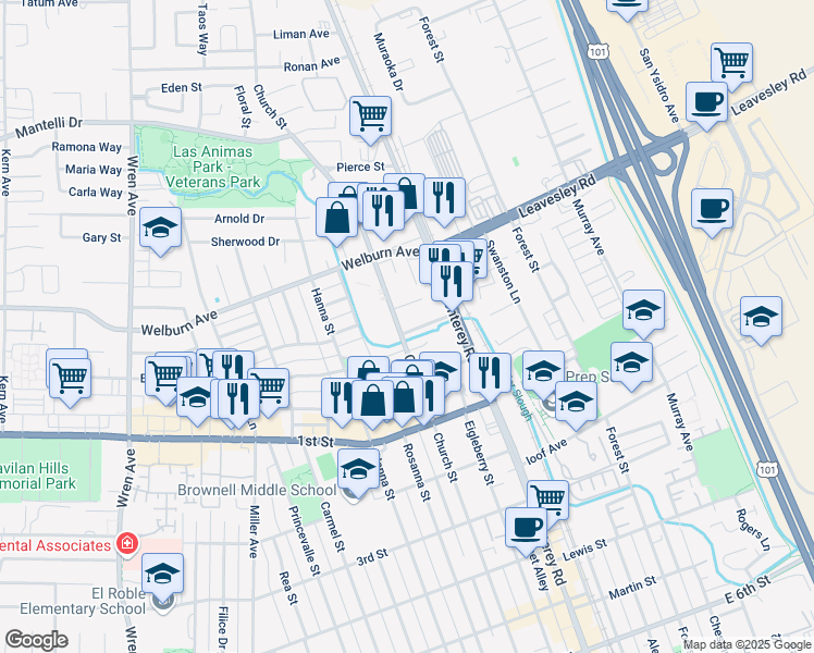 map of restaurants, bars, coffee shops, grocery stores, and more near 8200 Church Street in Gilroy