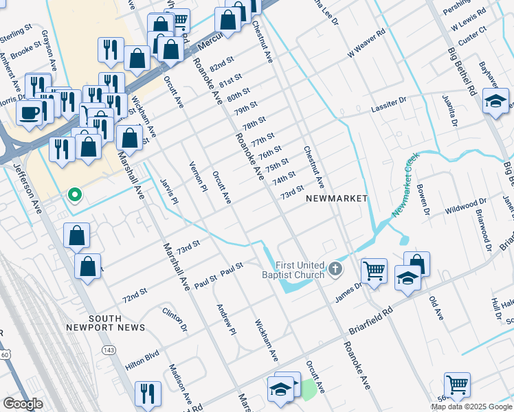 map of restaurants, bars, coffee shops, grocery stores, and more near 1007 73rd Street in Newport News