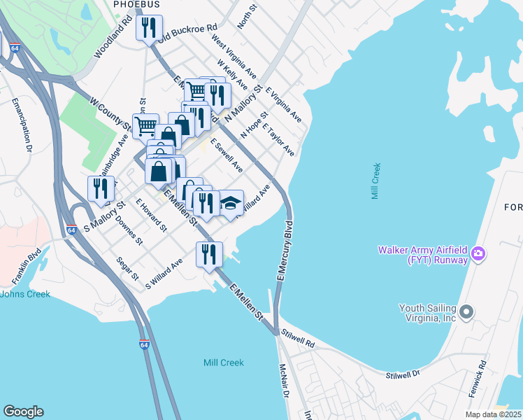 map of restaurants, bars, coffee shops, grocery stores, and more near 40 North Willard Avenue in Hampton