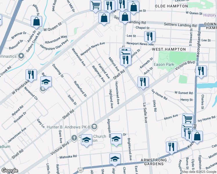 map of restaurants, bars, coffee shops, grocery stores, and more near 517 Highland Avenue in Hampton