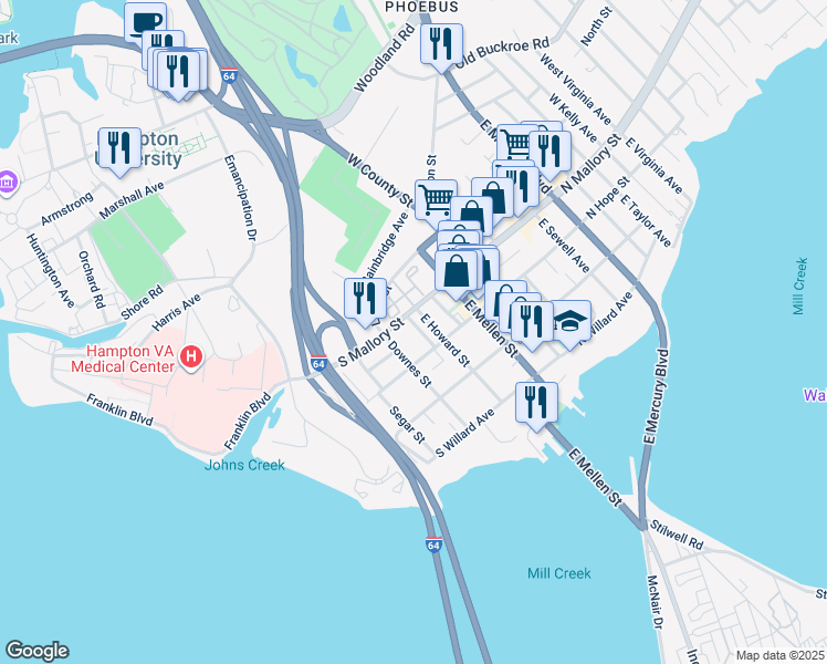 map of restaurants, bars, coffee shops, grocery stores, and more near 12 Williams Street in Hampton