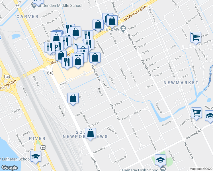 map of restaurants, bars, coffee shops, grocery stores, and more near 800 Roam Court in Newport News