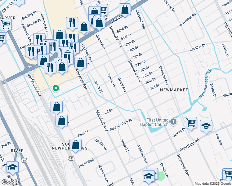 map of restaurants, bars, coffee shops, grocery stores, and more near 7403 Vernon Place in Newport News