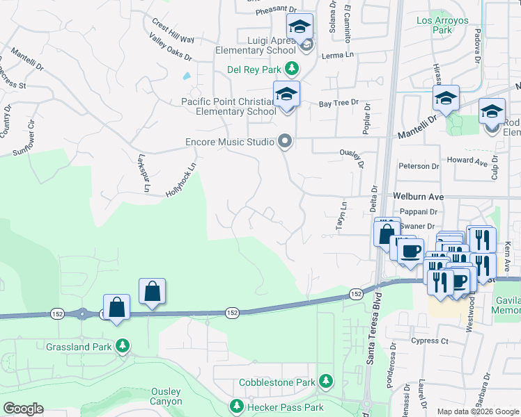 map of restaurants, bars, coffee shops, grocery stores, and more near 8451 Goldenrod Circle in Gilroy