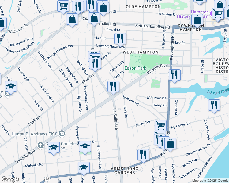 map of restaurants, bars, coffee shops, grocery stores, and more near 3709 Victoria Boulevard in Hampton