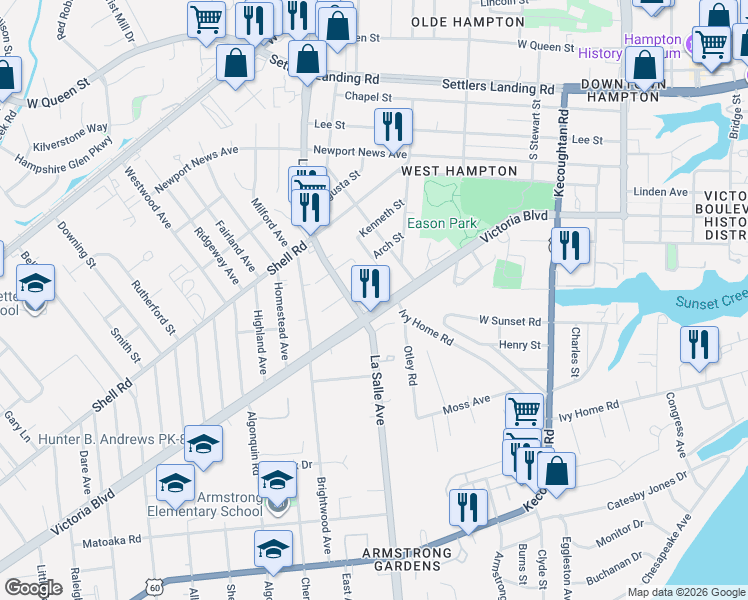 map of restaurants, bars, coffee shops, grocery stores, and more near 3709 Victoria Boulevard in Hampton