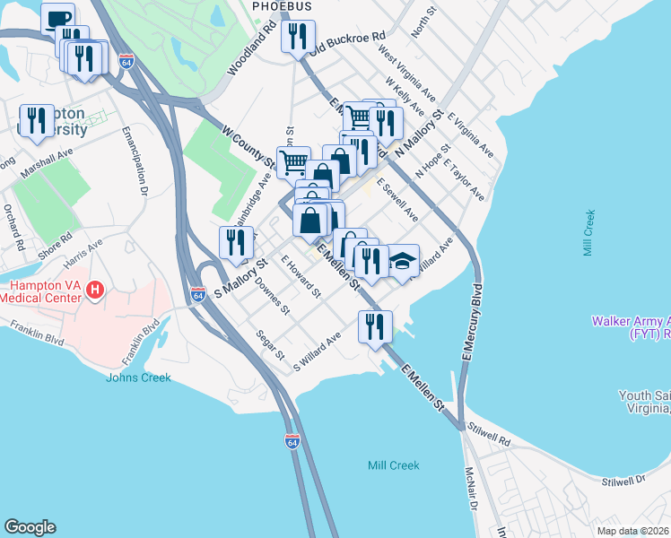 map of restaurants, bars, coffee shops, grocery stores, and more near 111 East Howard Street in Hampton
