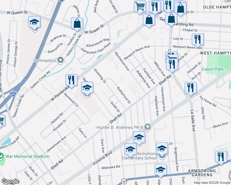 map of restaurants, bars, coffee shops, grocery stores, and more near 716 Downing Street in Hampton