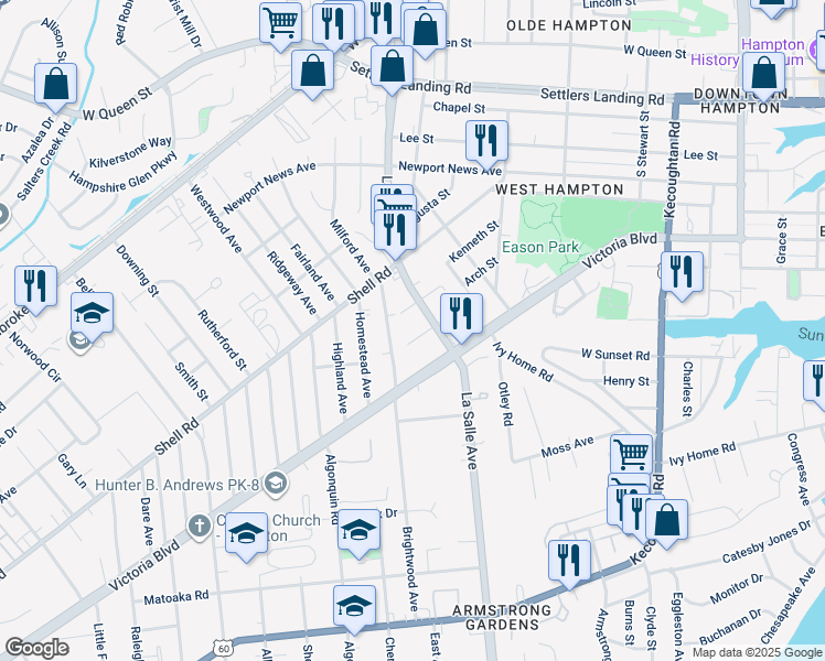 map of restaurants, bars, coffee shops, grocery stores, and more near 3639 Ervin Street in Hampton