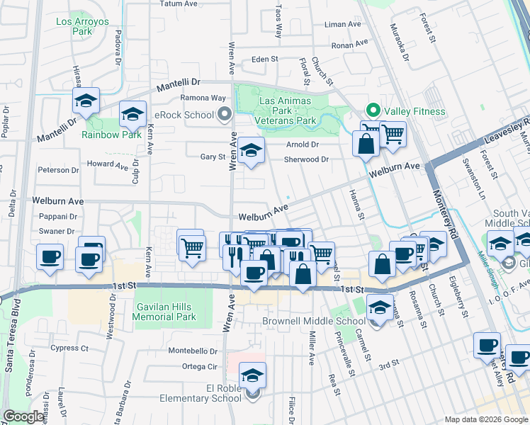 map of restaurants, bars, coffee shops, grocery stores, and more near in Gilroy