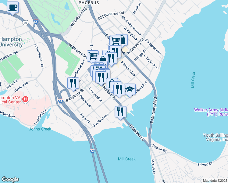 map of restaurants, bars, coffee shops, grocery stores, and more near 12 South Curry Street in Hampton