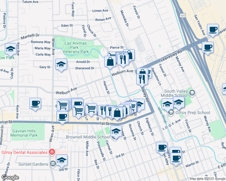 map of restaurants, bars, coffee shops, grocery stores, and more near 331 El Cerrito Way in Gilroy