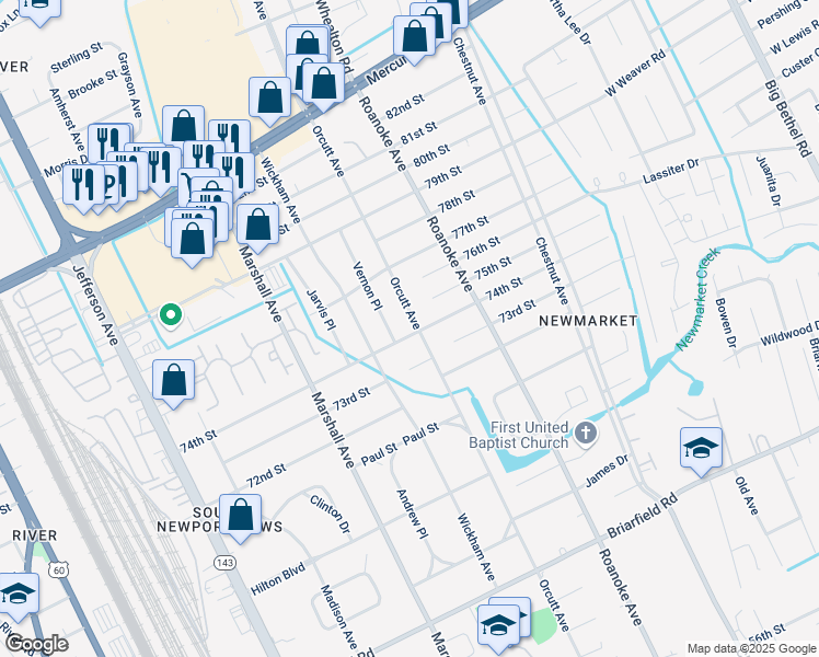 map of restaurants, bars, coffee shops, grocery stores, and more near in Newport News
