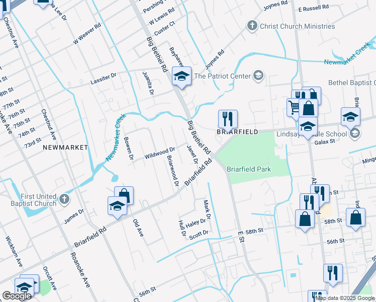 map of restaurants, bars, coffee shops, grocery stores, and more near 23 Janet Drive in Hampton