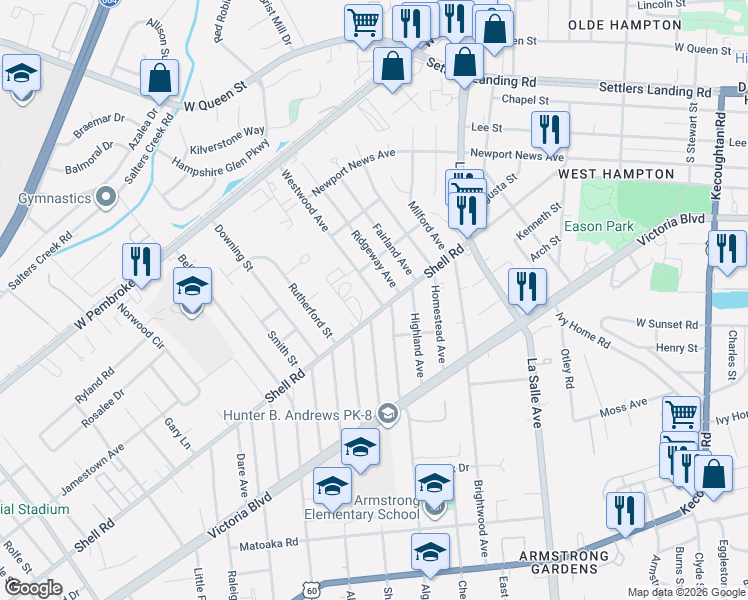 map of restaurants, bars, coffee shops, grocery stores, and more near 478 Algonquin Road in Hampton