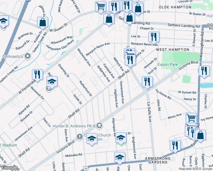 map of restaurants, bars, coffee shops, grocery stores, and more near 3401 Shell Road in Hampton