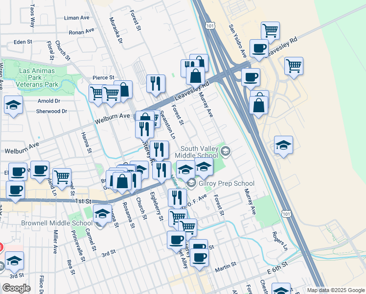 map of restaurants, bars, coffee shops, grocery stores, and more near 8090 Swanston Lane in Gilroy