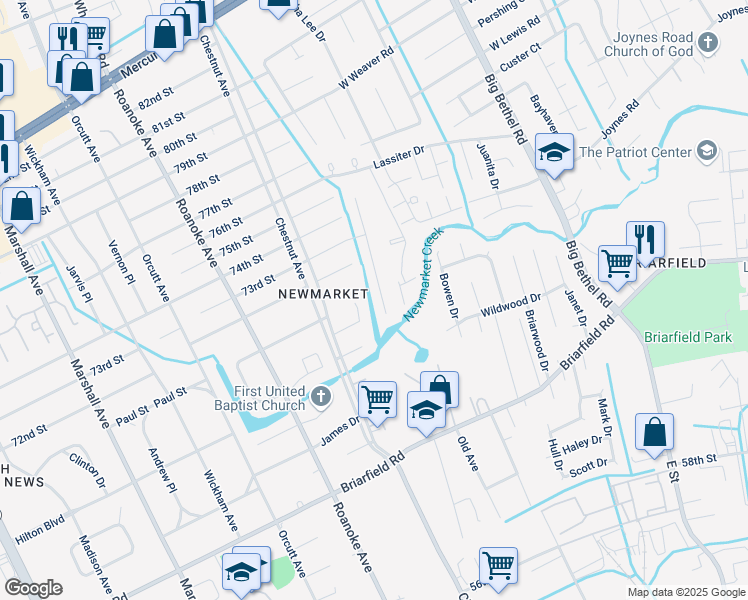 map of restaurants, bars, coffee shops, grocery stores, and more near 7271 Abraham Court in Newport News