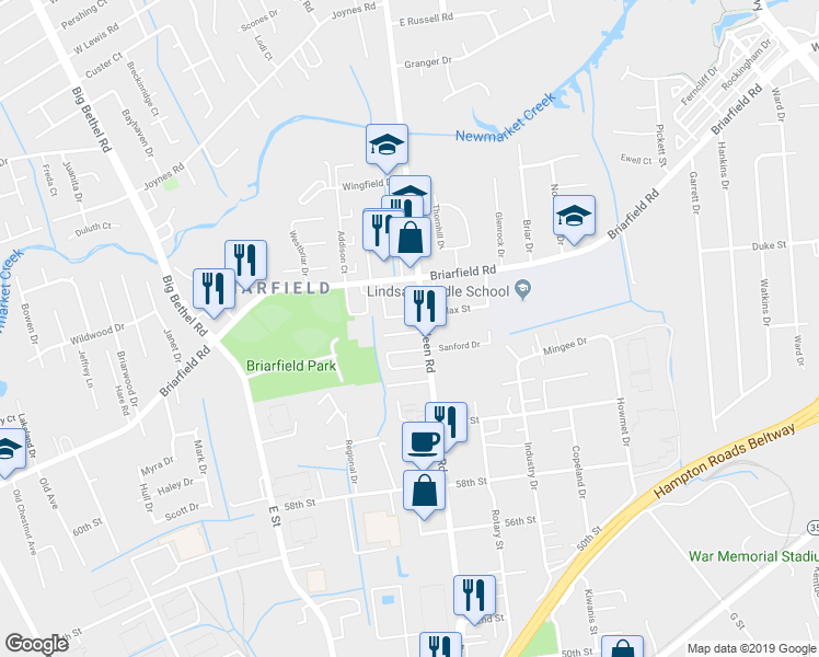 map of restaurants, bars, coffee shops, grocery stores, and more near 12 Stratum Way in Hampton