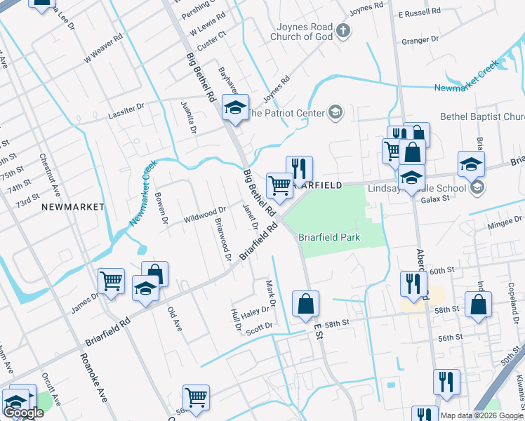 map of restaurants, bars, coffee shops, grocery stores, and more near 16 Janet Drive in Hampton