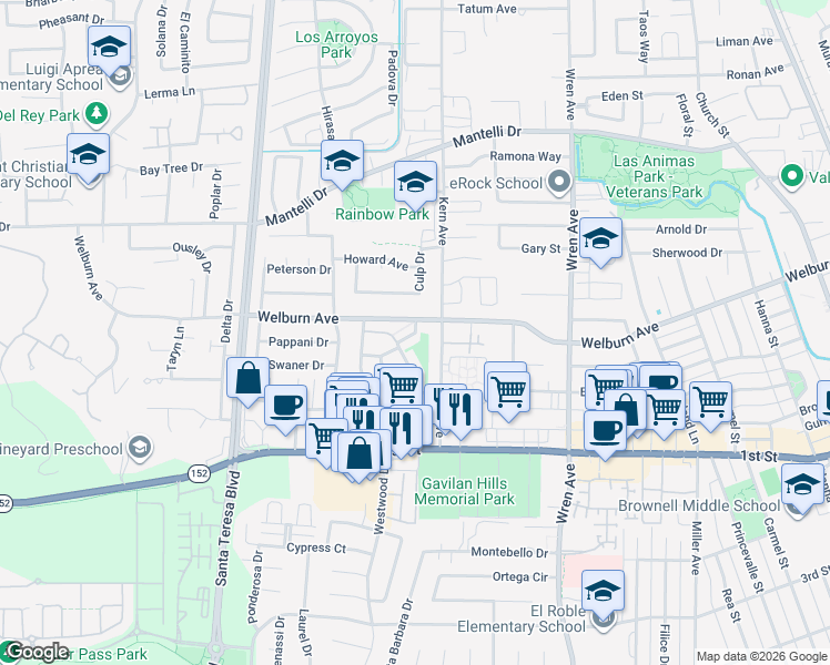 map of restaurants, bars, coffee shops, grocery stores, and more near Bosco Lane in Gilroy