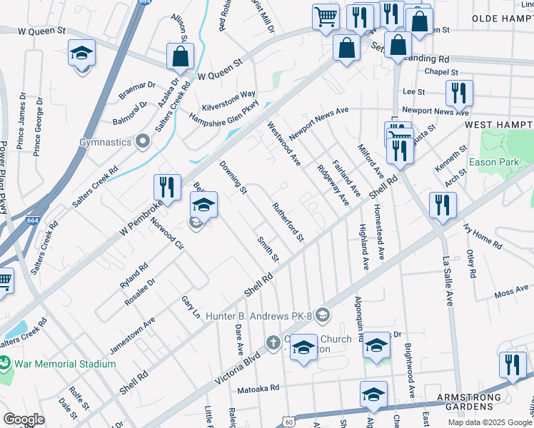 map of restaurants, bars, coffee shops, grocery stores, and more near 804 Downing Street in Hampton