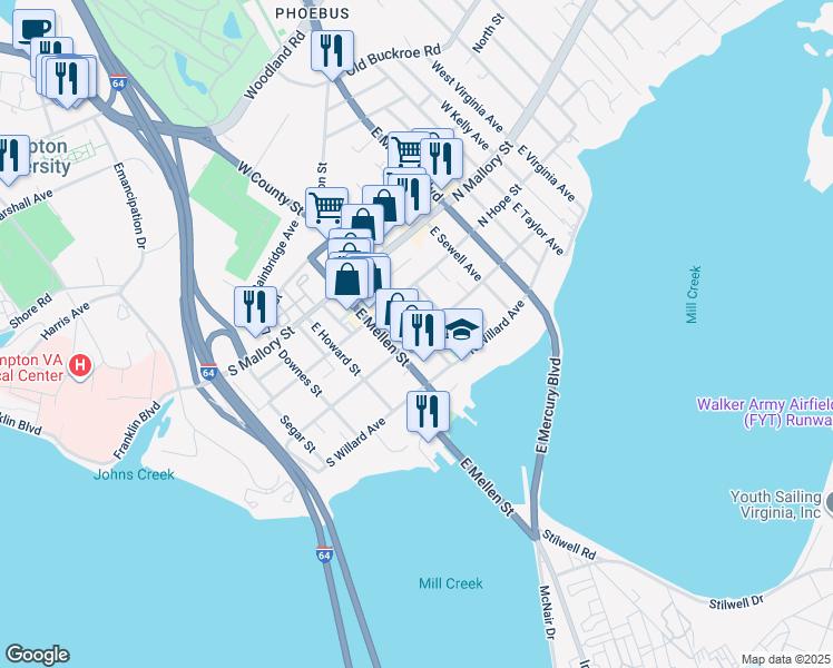 map of restaurants, bars, coffee shops, grocery stores, and more near 8 South Curry Street in Hampton