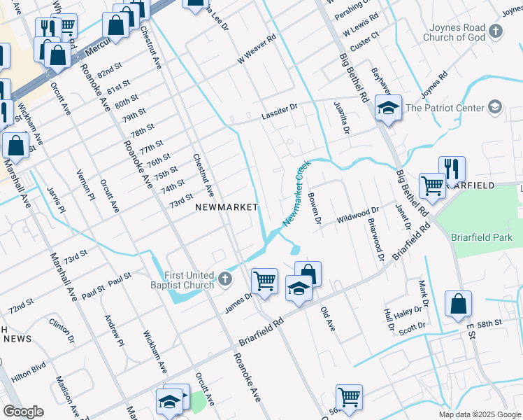 map of restaurants, bars, coffee shops, grocery stores, and more near 7271 Abraham Court in Newport News
