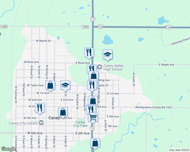 map of restaurants, bars, coffee shops, grocery stores, and more near 608 North McGee Street in Caney
