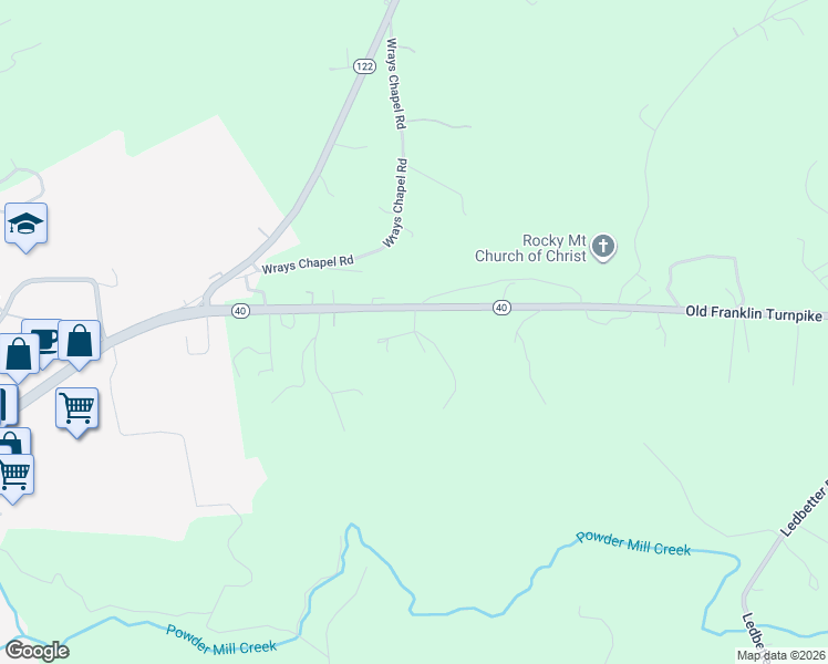 map of restaurants, bars, coffee shops, grocery stores, and more near 16 Chitwood Circle in Rocky Mount