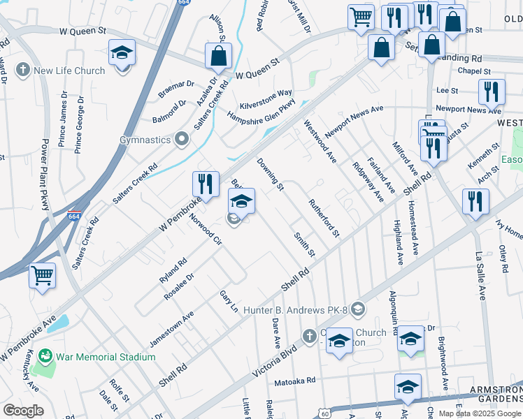 map of restaurants, bars, coffee shops, grocery stores, and more near 658 Bell Street in Hampton