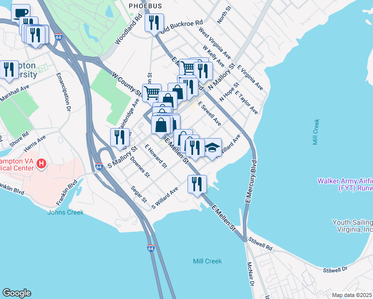 map of restaurants, bars, coffee shops, grocery stores, and more near 8 South Curry Street in Hampton