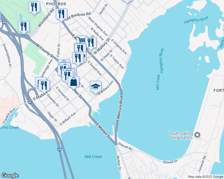 map of restaurants, bars, coffee shops, grocery stores, and more near 44 North Willard Avenue in Hampton