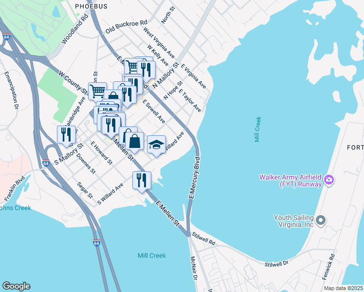 map of restaurants, bars, coffee shops, grocery stores, and more near 44 North Willard Avenue in Hampton
