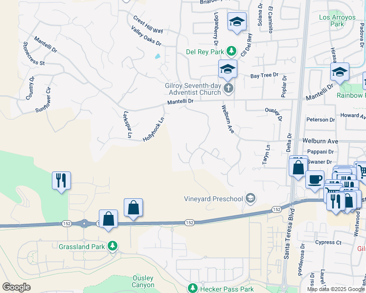 map of restaurants, bars, coffee shops, grocery stores, and more near 8341 Winter Green Court in Gilroy
