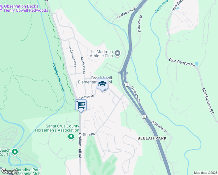 map of restaurants, bars, coffee shops, grocery stores, and more near 181 Brook Knoll Drive in Santa Cruz