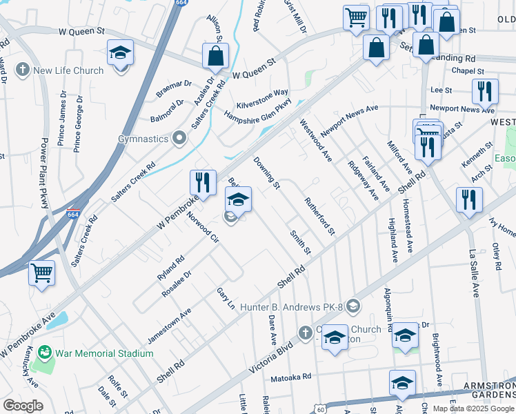 map of restaurants, bars, coffee shops, grocery stores, and more near 658 Bell Street in Hampton