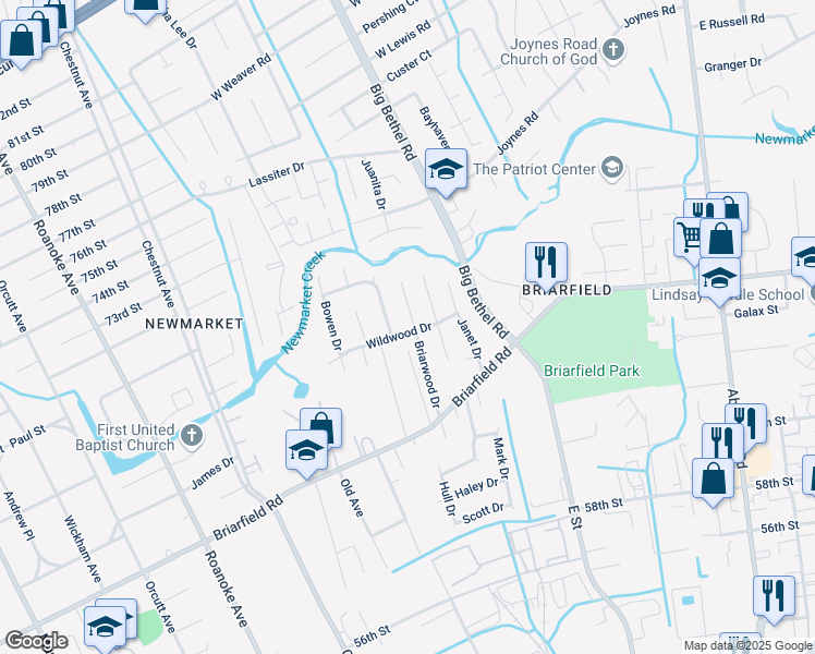 map of restaurants, bars, coffee shops, grocery stores, and more near 31 Briarwood Drive in Hampton
