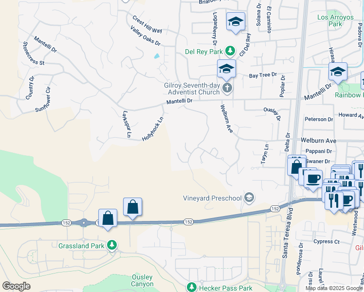 map of restaurants, bars, coffee shops, grocery stores, and more near 8341 Winter Green Court in Gilroy
