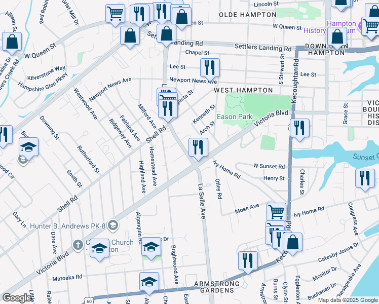 map of restaurants, bars, coffee shops, grocery stores, and more near 422 LaSalle Avenue in Hampton