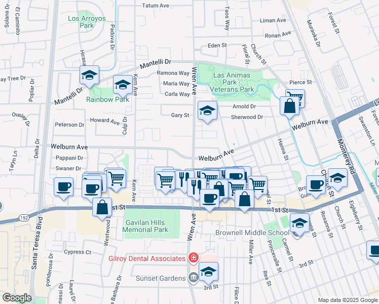 map of restaurants, bars, coffee shops, grocery stores, and more near 8383 Wren Avenue in Gilroy