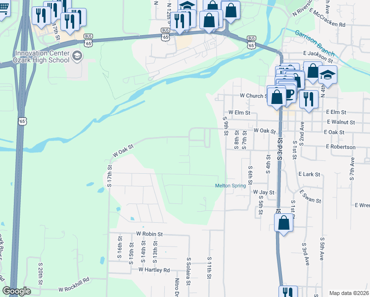 map of restaurants, bars, coffee shops, grocery stores, and more near 455 South 11th Street in Ozark