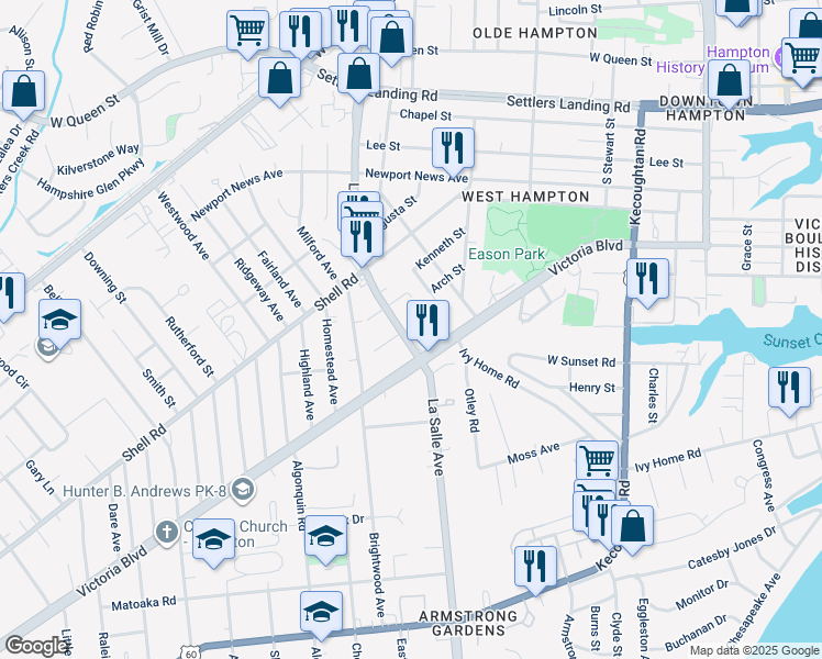 map of restaurants, bars, coffee shops, grocery stores, and more near 422 LaSalle Avenue in Hampton