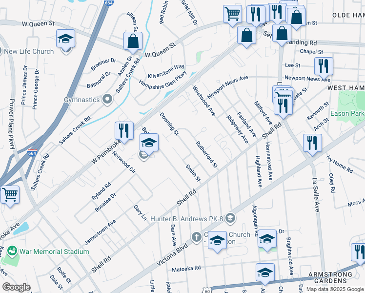 map of restaurants, bars, coffee shops, grocery stores, and more near 817 Downing Street in Hampton